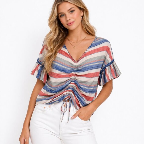 For The Republic Tops - For The Republic Ruched Drawstring Crop Top Womens M Medium Multicolor Striped